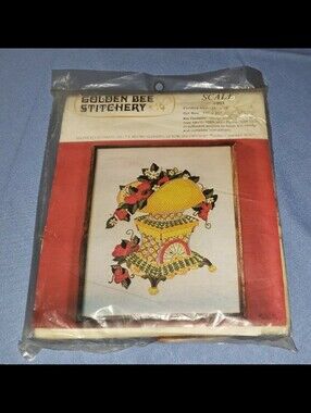 Vintage Mid-Century Golden Bee Stitchery "Strawberry Scale" Crewel Embroidery Ki